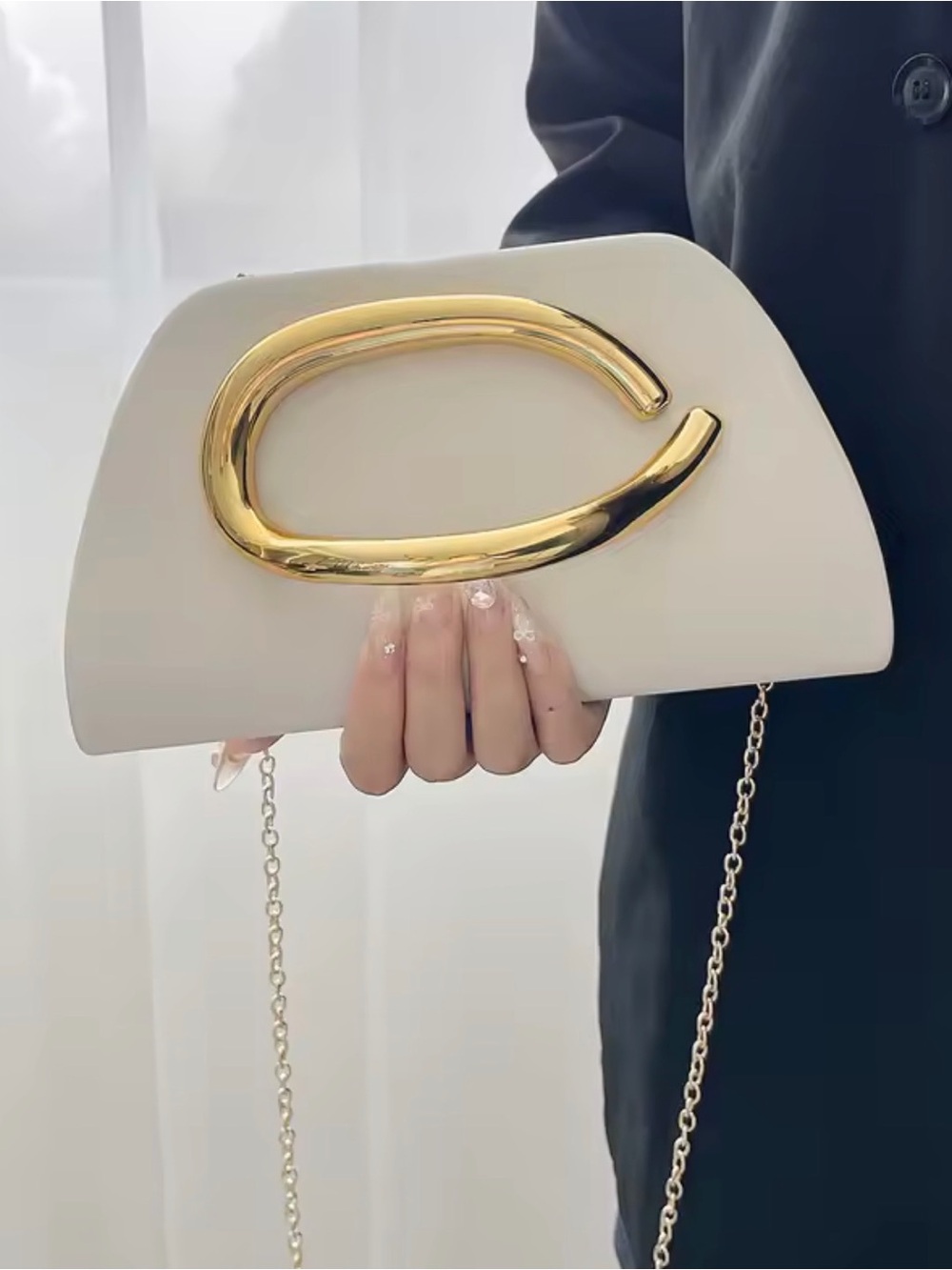 Cream Leather Crossbody Bag with Gold Accent